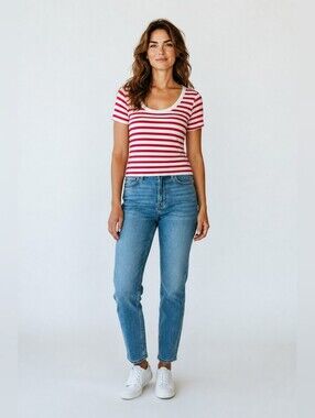 A New Day Classic Red & White Striped Scoop Neck Women's Tee